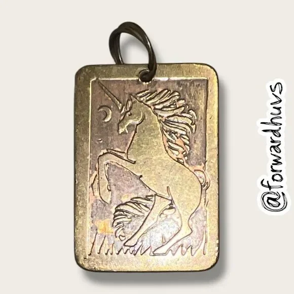 Engraved Unicorn Pendant – Brass-Tone Fantasy Design – Vintage - Picture 1 of 8